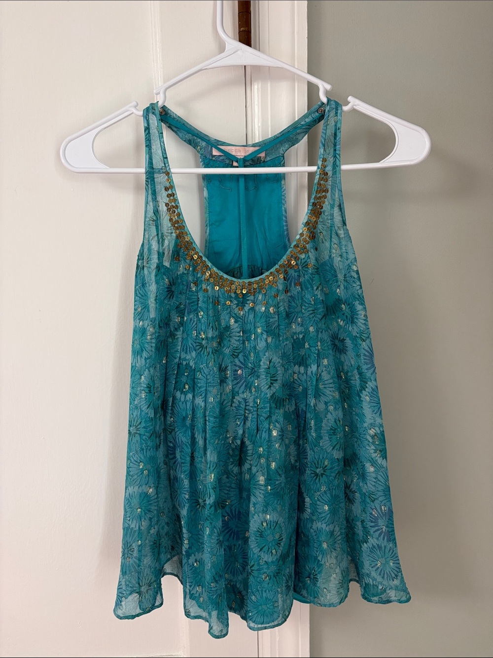 Rebecca Taylor Teal Floral Beaded Racerback Camisole Silk Size 0